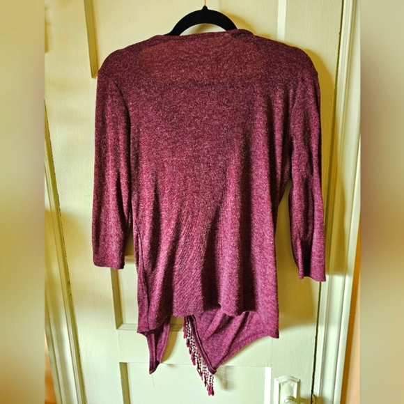 Boho maroon layered cowl neck knit wrap cardigan with fringe Maurices - Picture 8 of 11